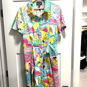 Donna Morgan Tropical Fruit Print Button-Front Tie-Waist Dress – US 14